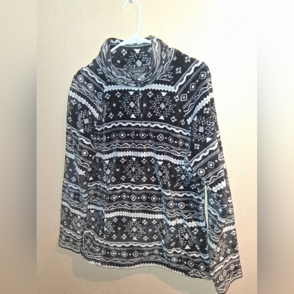 Eddie Bauer Fleece Pullover Sweater Southwestern Black Aztec XL 1/4 Zip